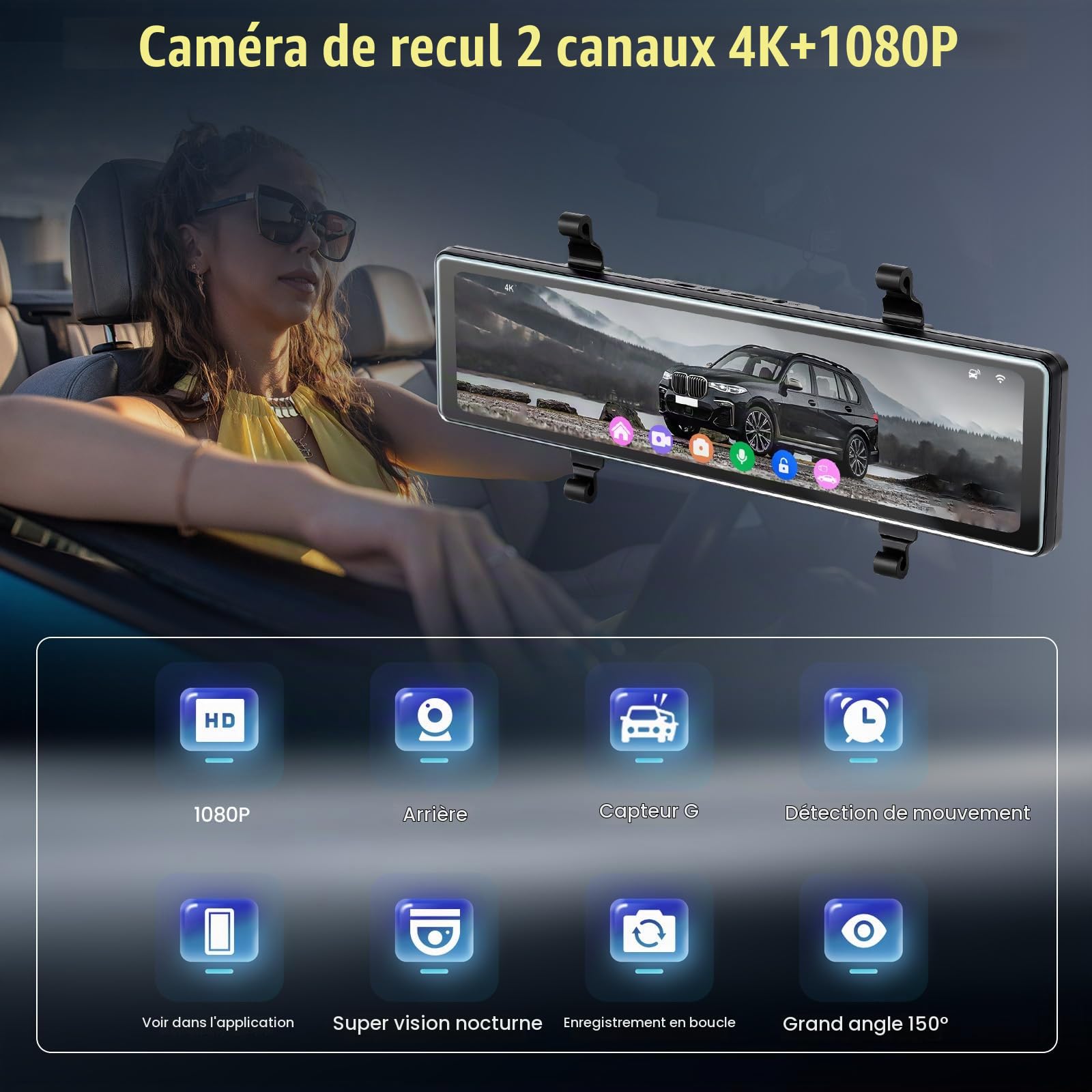 4K Dashcam Avant et arrière, 11,26 Pouces Caméra Embarquée Tactile 4K+1080P avec GPS, ADAS, APP, Vision Nocturne, Capteur G, Enregistrement en Boucle, Surveillance du stationnement 24 Heures
