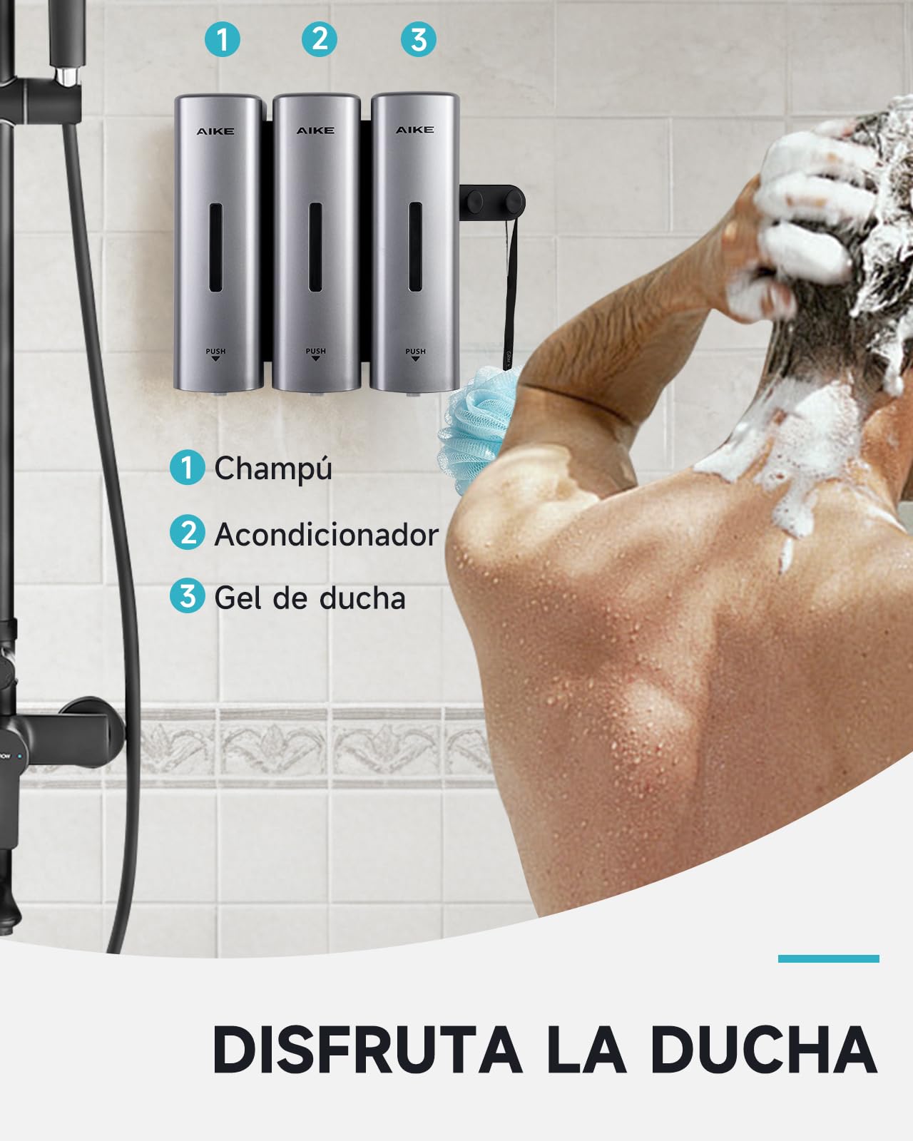 AIKE EasyPush Dispensador De Ducha, Montaje De Pared Sin Taladro para Champú & Acondicionador, Ahorra Espacio, Triple
