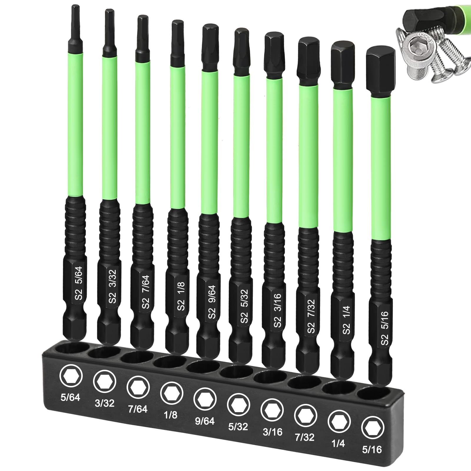 10PCS Impact Hex Allen Key Drill Bit Set, 100mm Hex Bit Set SAE Magnetic Impact Driver Bits 1/4' Hexagon Shank S2 Steel, Magnetic Allen Wrench with Storage Box