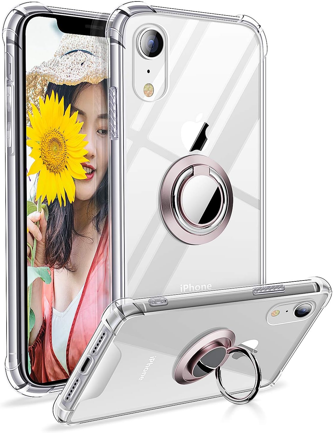 DAUPIN iPhone Xr Case, Clear iPhone Xr Case with 360 Rotatable Ring Kickstand Fit Magnetic Mental Car Mount Soft TPU Bumper PC Hard Back Protective Phone Case for iPhone Xr (Rose Gold)