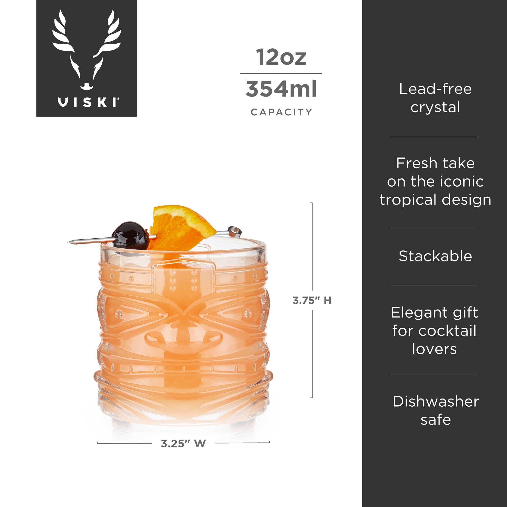 Viski Pacific Tiki Gläser Stapelbare Lowball DOF Tumbler, Tropische Cocktail und Bar Geschenke für Rum und Whiskey, 340 ml, 2 Stück (10856)