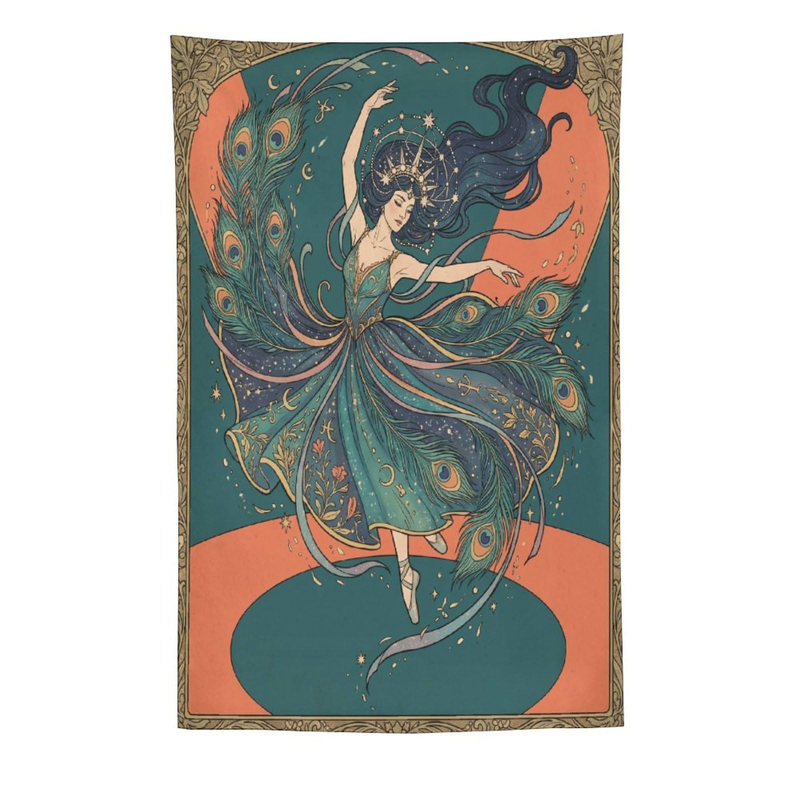 H3B8U2Y5 Peacock Dancer Art Nouveau Wall Tapestry, Ornate Feathers