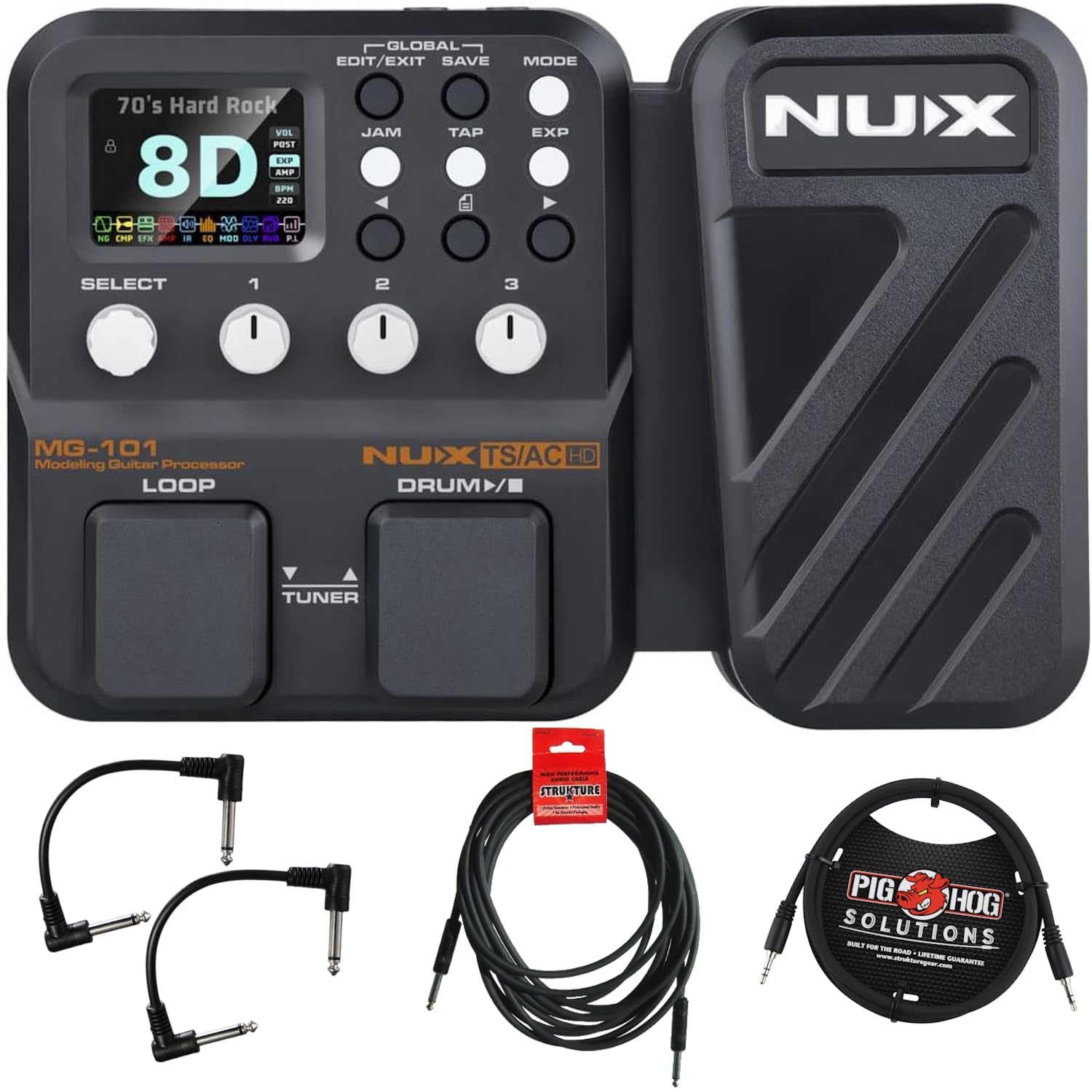 NUX MG-101 Amp Modeler and Guitar Effects Processor - Bundle with 2 Patch Cables, Instrument Cable and Aux Cable-image-2