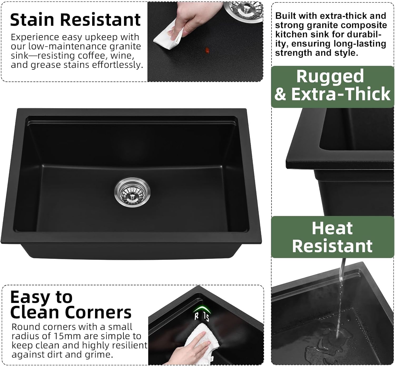 Davivy 27 Inch Black Granite Kitchen Sink Workstation, 27 x 18 Black Undermount/Drop In Kitchen Sink, Deep Quartz Composite Single Bowl with Accessories
