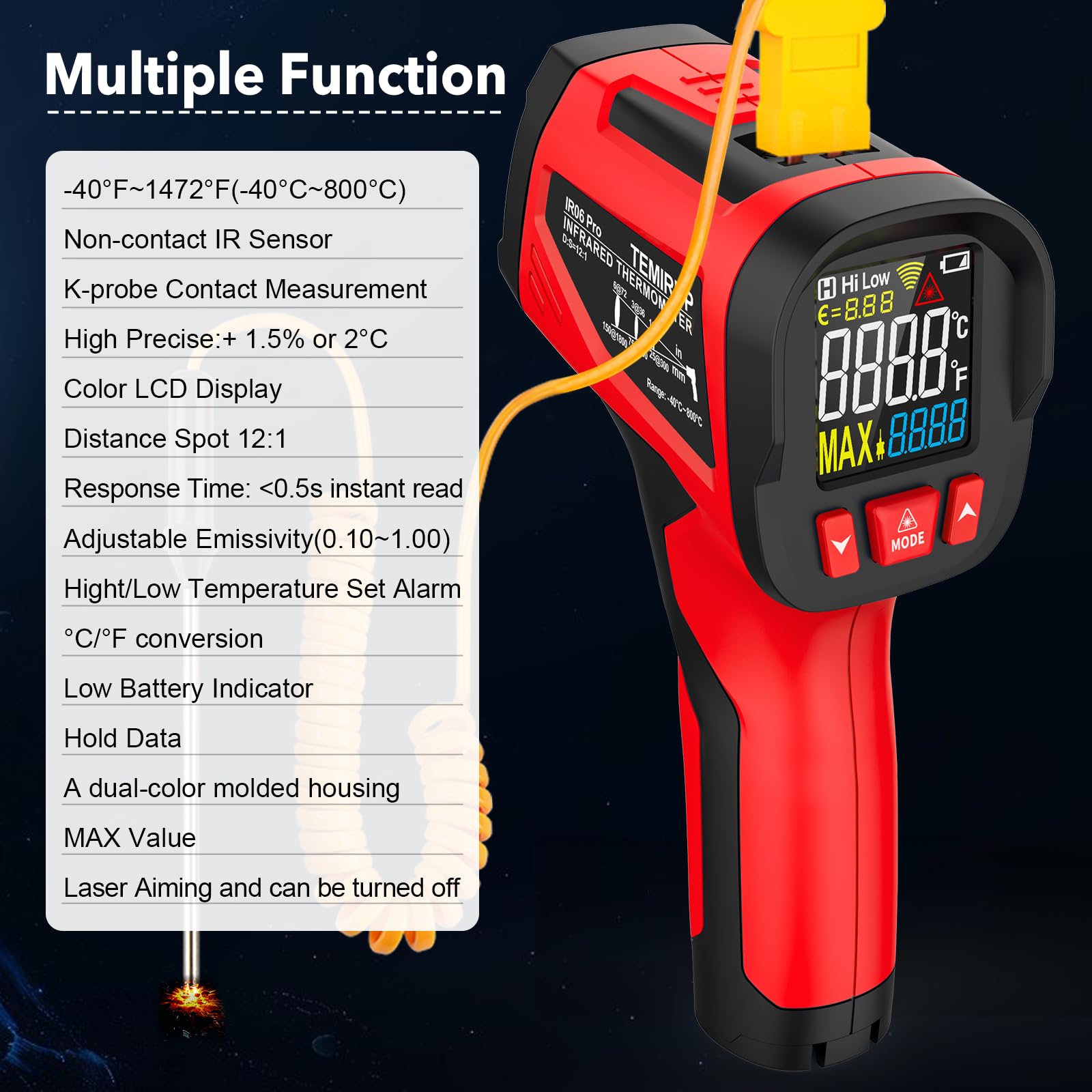 Pistola de temperatura con termómetro infrarrojo, -40.0 °C ~ 800.0 °C, pistola de temperatura láser digital con sonda para cocinar, hornos de pizza, planchas, carne, HVAC, pistola de