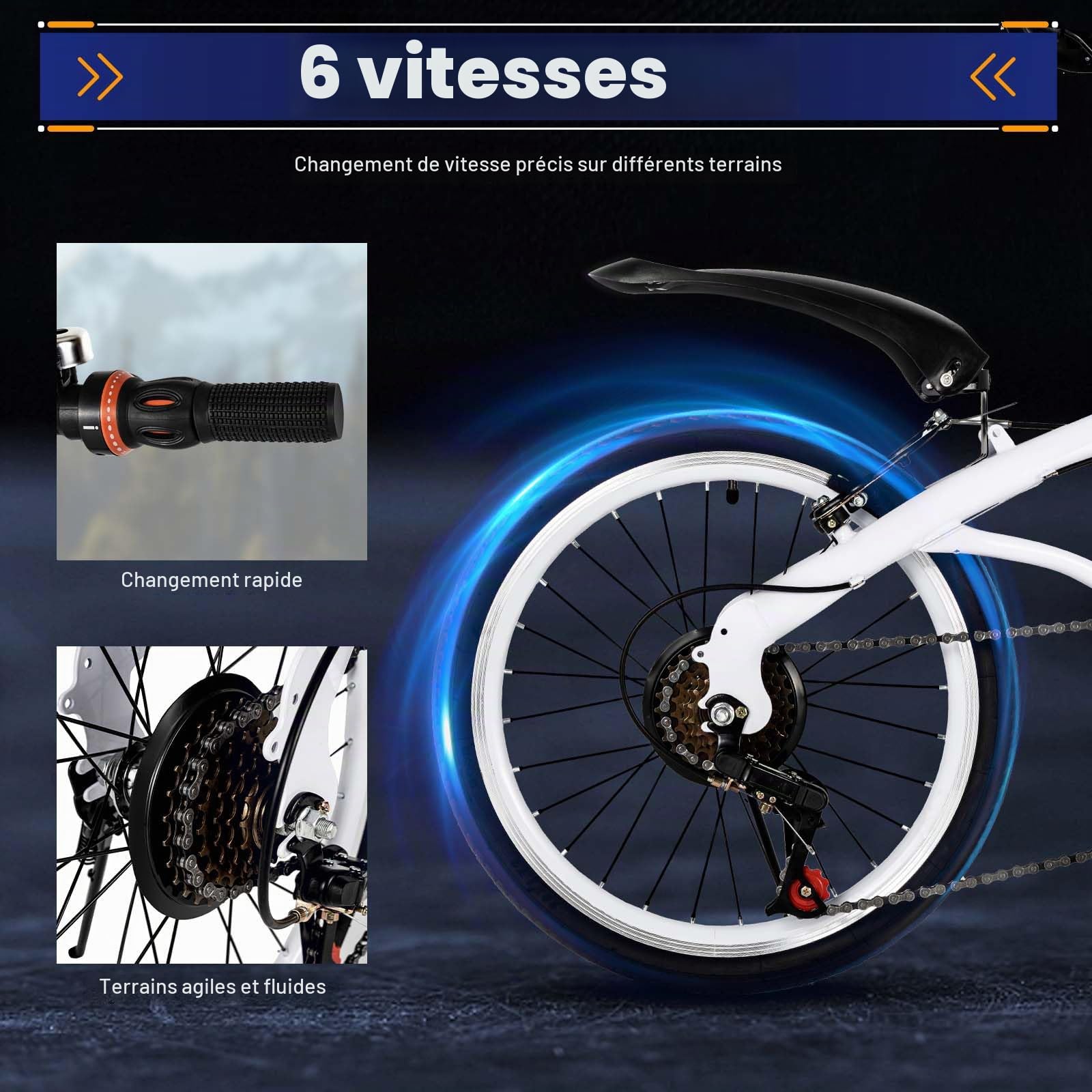 MccoMMon Vélo pliant 20 pouces pour adultes, 6 vitesses réglables, vélo de ville de camping, vélo pliant pour hommes et femmes, vélo de navette pour le plein air, blanc