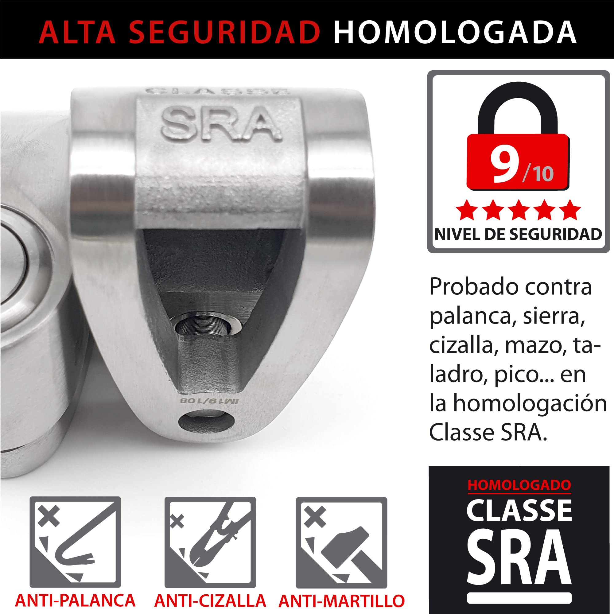 KRASER KR114S Candado Moto Disco Homologado SRA, Doble Bloqueo ø14mm +Ligero, Cerradura Acero Inoxidable Alta Seguridad, Cable Recordatorio, Antirrobo Motocicleta Pinza Scooter, Bicicleta Eléctrica