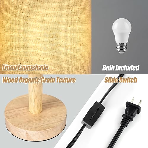 Miniatura 4 de Lámpara de mesa pequeña para dormitorio, lámpara de mesita de noche, pantalla de lino, base de madera, pequeña lámpara de noche para mesitas de