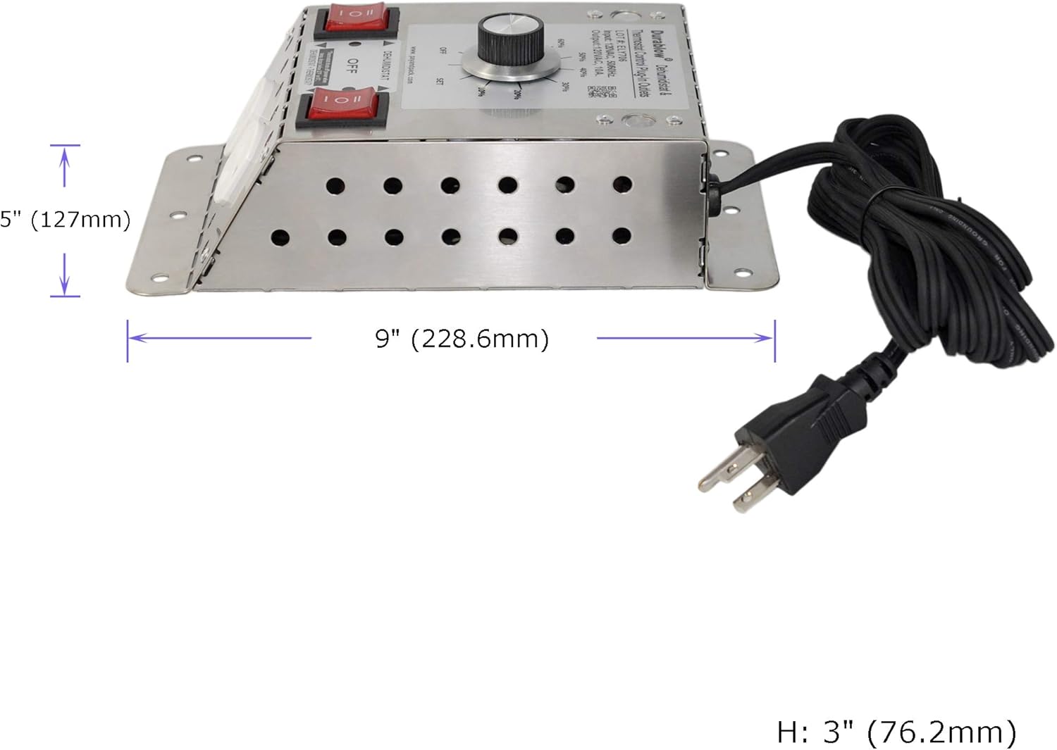 Durablow Stainless Steel Plug-in 2 Outlets + Dehumidistat Control for Crawl Space + Fresh Air Supply Fan or Ventilator for Foundation, Basement, Attics, Garages (Stainless Steel 304, MDT2P)