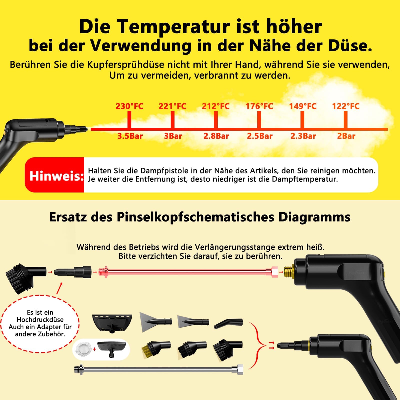 2026 neu 3-stufig einstellbarer dampfreiniger handgerät, 10 Sekunden Aufheizzeit und 1600 ml großer Tank Handdampfreiniger, Dampfreiniger für Haushalt und Auto, Küche, Fenstern (Yellow, 1 Set)