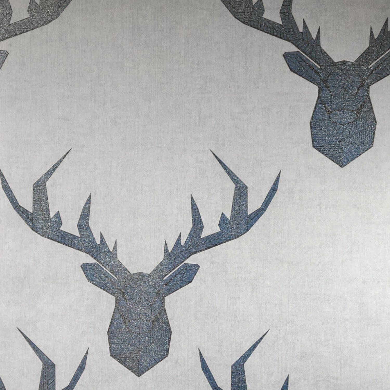 Yöl Grey And Navy Geometric Stag Glittery Wallpaper In Blue Grey And Beige Smooth Finish