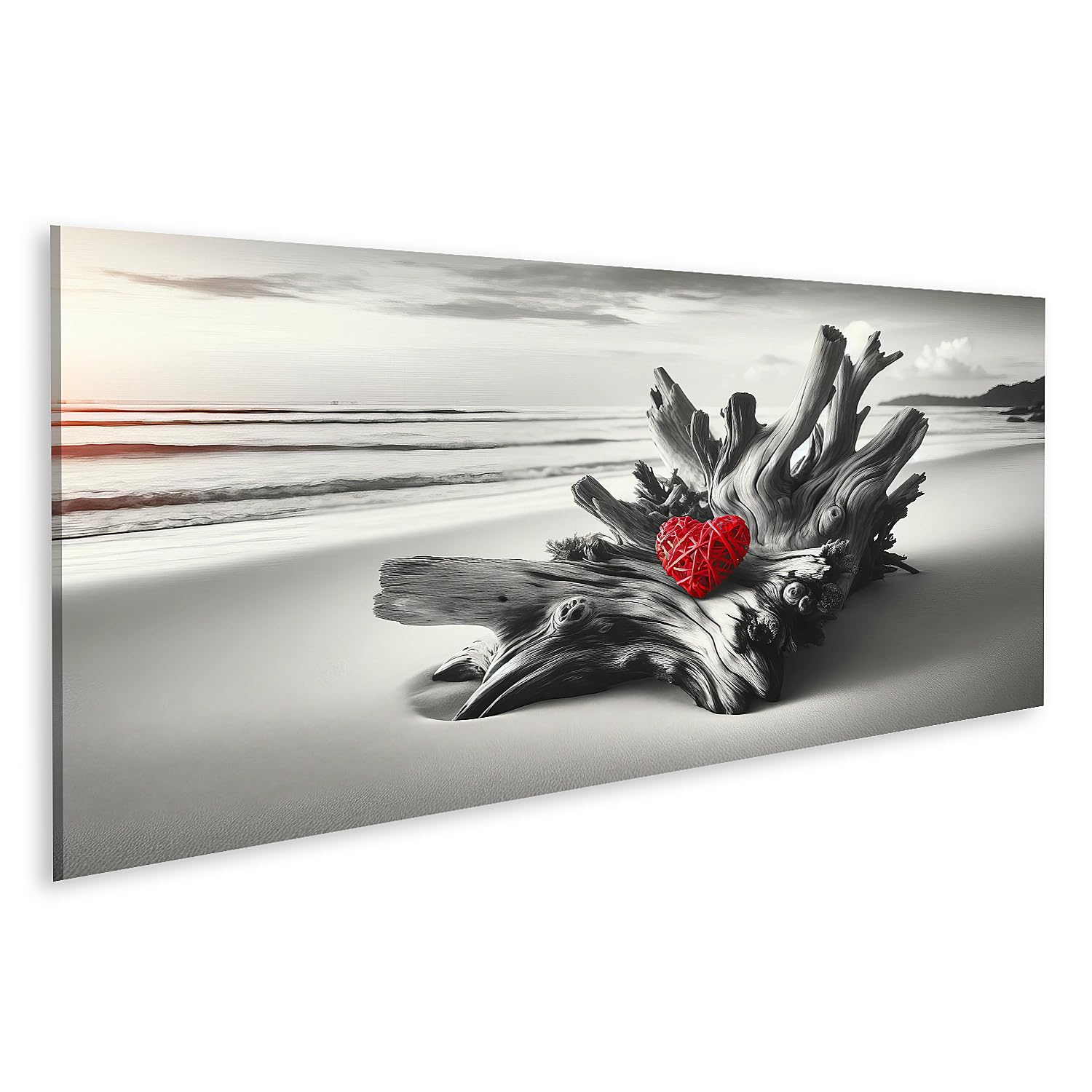 islandburner Tableau sur toile Magie de la plage : bois flotté et cœur en rouge vif Images murales Poster