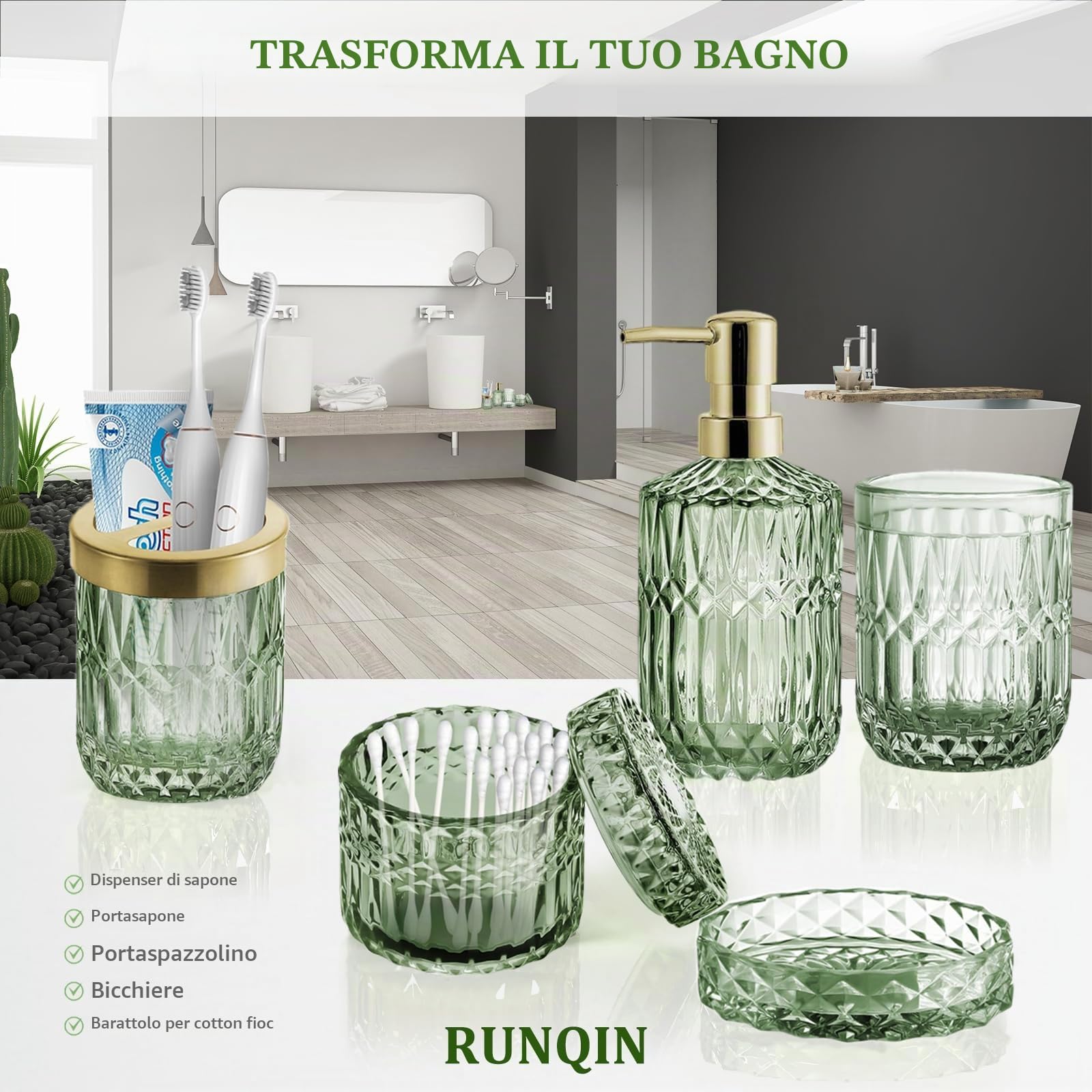 RUNQIN Set di 5 Accessori da Bagno in Vetro Trasparente (Dispenser di Sapone, Portasapone, Portaspazzolino, Bicchiere, Vasetto per Cotton Fioc), Decorazione Moderna e Contemporanea in Cristallo