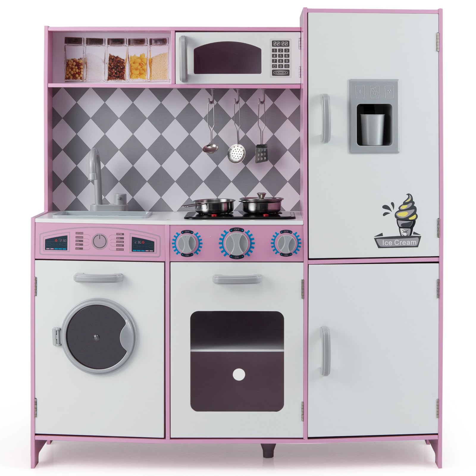 COSTWAY Kids Wooden Kitchen, Pretend Play Kitchen with Light, Sound, Ice Maker, Washing Machine, Oven, Microwave & Utensils, Large Children Chef Role Playset for Boys Girls (Pink+White)