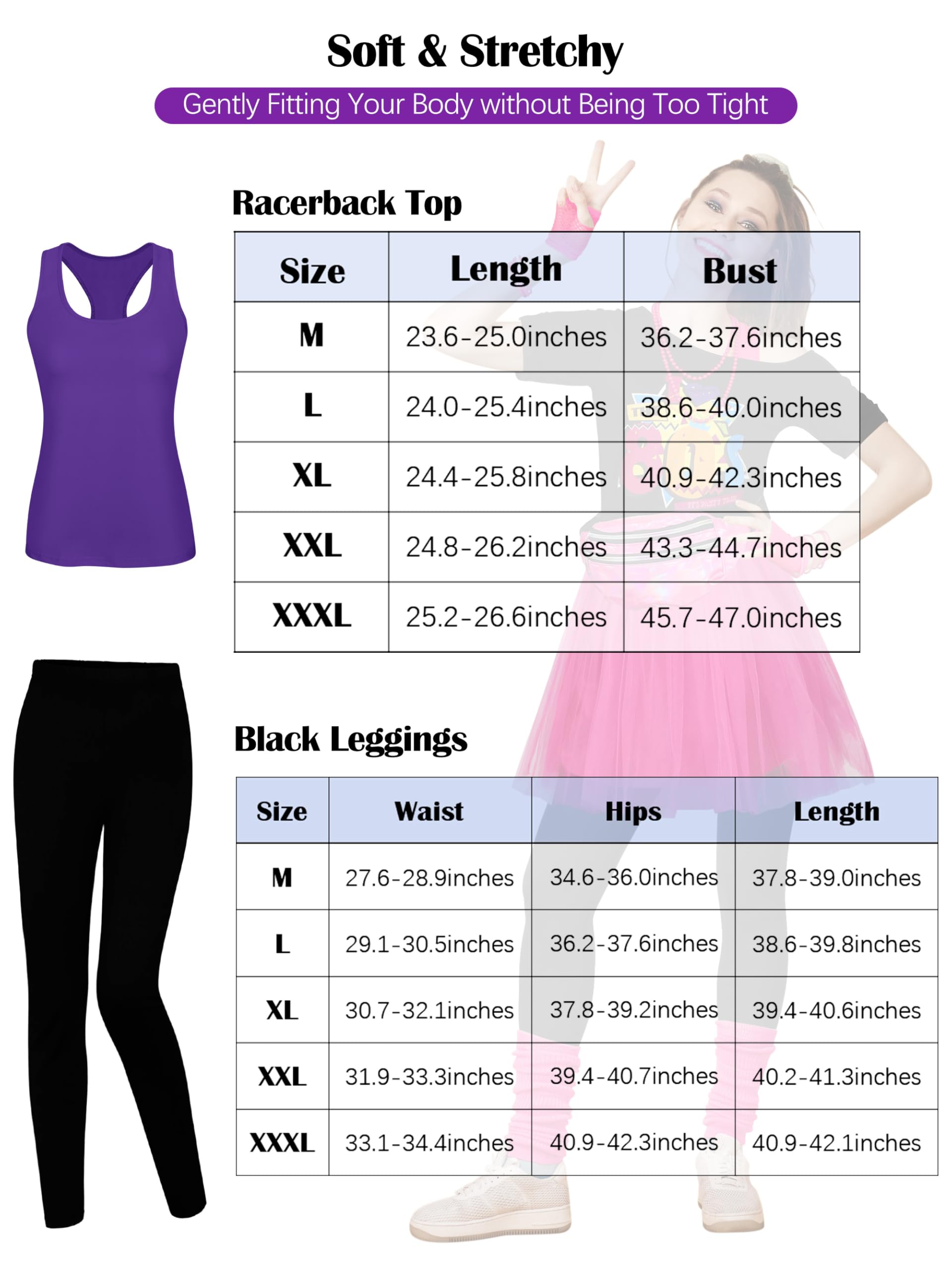 AOTHSO 24 Stücke Halloween Frauen 80er Jahre Kostümzubehör Set 80er Jahre Cosplay T-Shirt Tutu Hose Racerback Top Fanny Pack Handschuhe Beinwärmer für Party