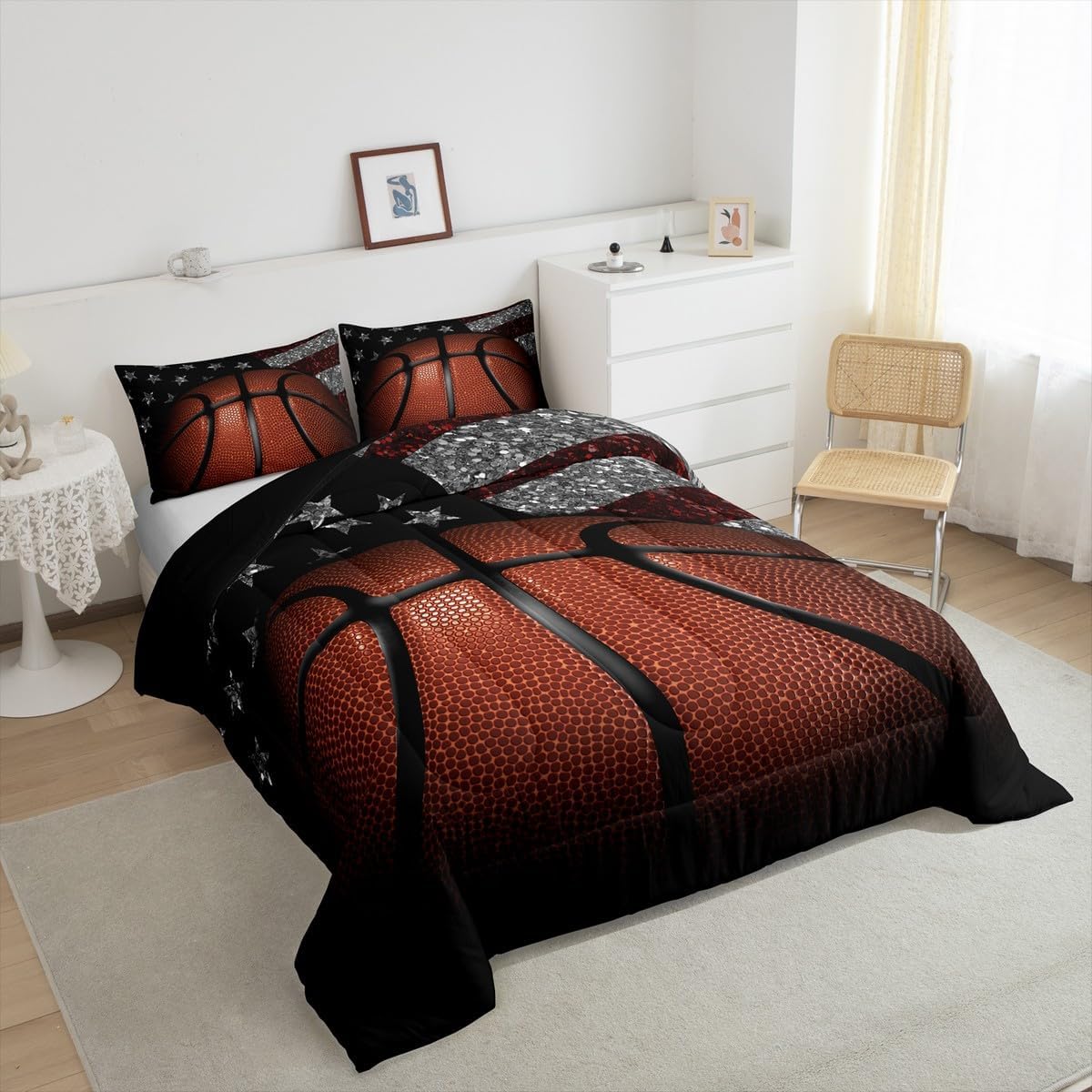 Erosebridal Basketball Comforter Set for Kids Teens Boys, 3D Sports Kids Comforter, American Flag Theme Bed Set for Basketball Lovers, Soft Microfiber 3 Piece Bedding Set (Black，Full Size)