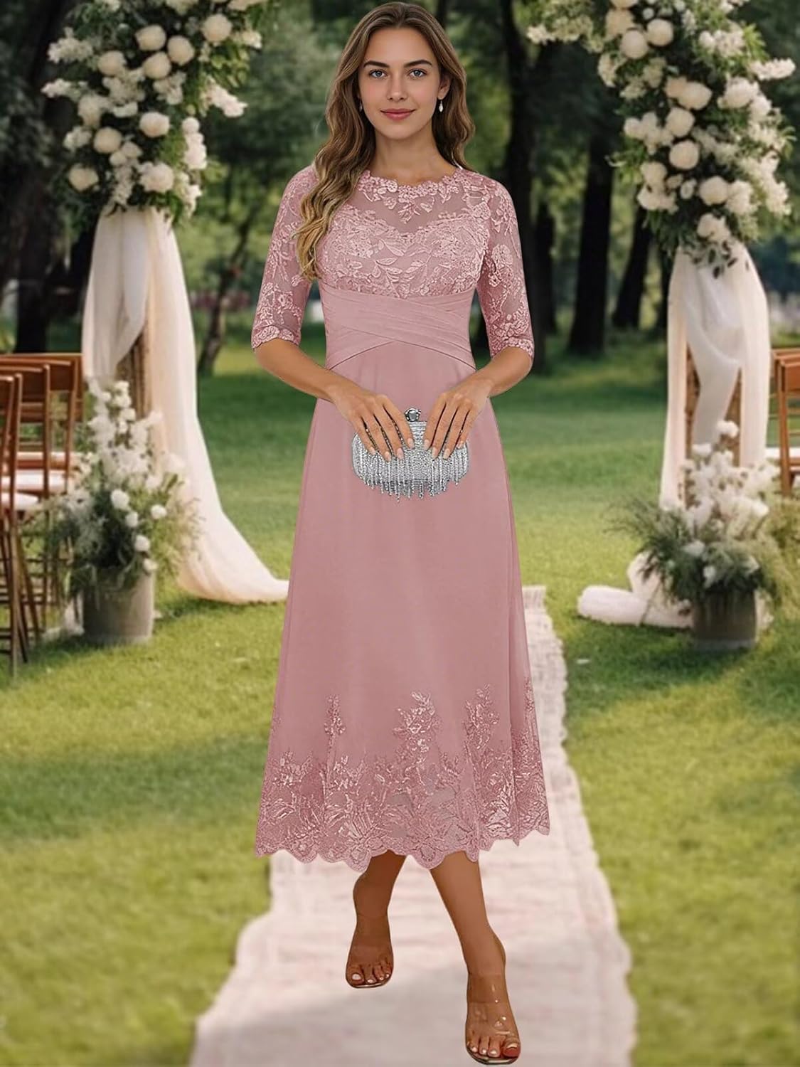 Tea Length Mother of The Bride Dresses Chiffon Evening Formal Dress for Wedding Groom Gowns Lace Appliques with Sleeves - Image 4