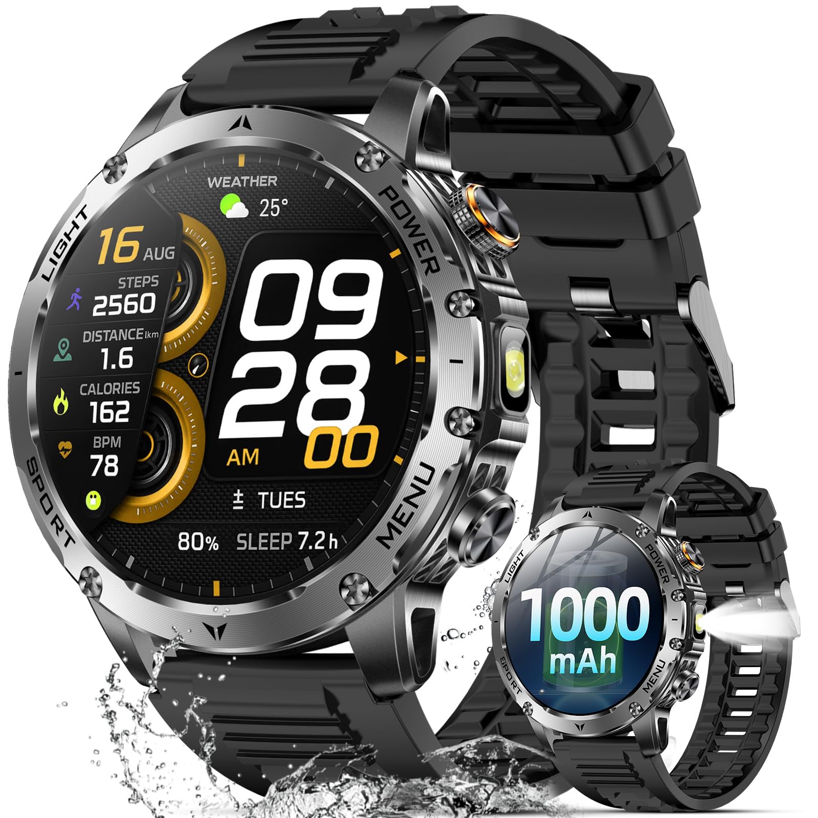 Military Smart Watches for Men Answer Dial Calls Smart Watch with 1000 mAh Battery Fitness Tracker Flashlight Heart