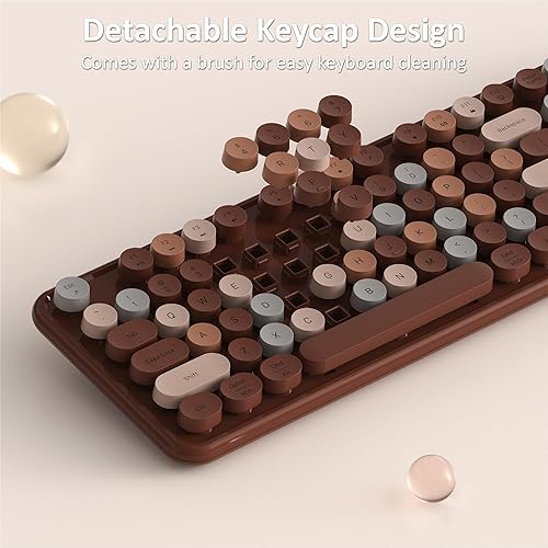 Miniatura 6 de Teclado y mouse inalámbricos, teclado retro de tamaño completo con teclas redondas, 2.4 GHz para Windows, Mac, laptop, PC, escritorio (café colorido)