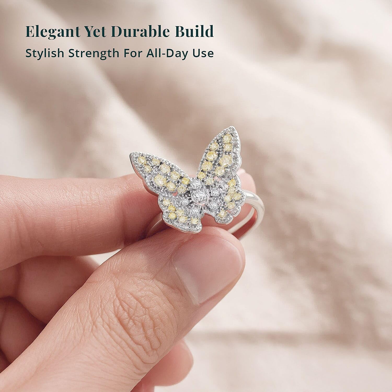 SHOP LC DELIVERING JOY Luxuriant Lab Grown Yellow Diamond IR and Lab Grown Diamond VS 0.50 ctw Butterfly Ring in Rhodium Over Sterling Silver Size 8 Christmas Gifts