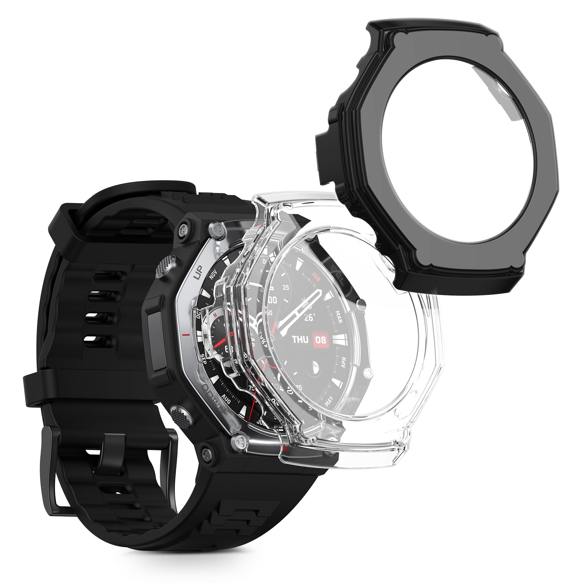 kwmobile Case Compatible with Amazfit T-Rex 3 Case – 2 x Full Tempered Glass Screen Protector – Ultra Thin and Anti-Shock – Transparent/Black