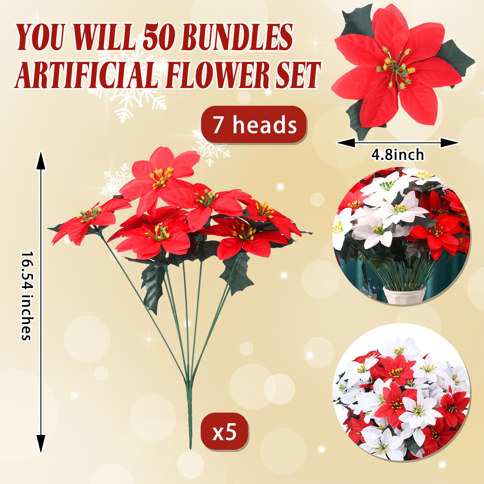 Tigeen 50 flores de Pascua artificiales de Navidad con 7 cabezas de flores de Pascua artificiales para cementerio al aire libre, corona de Navidad, decoración de jardín (rojo y blanco)