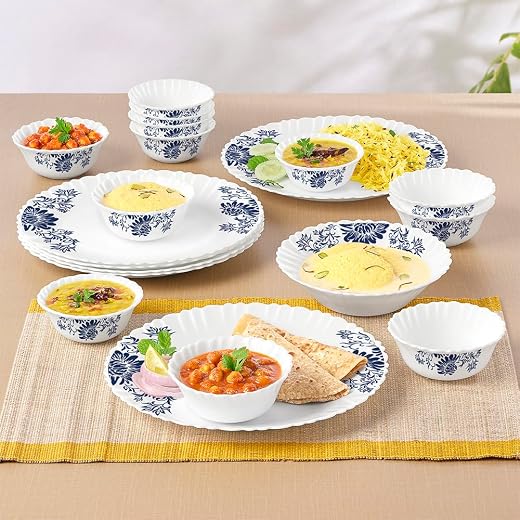 Larah by Borosil Silk Series Opalware Dinner Set | 19 Pieces for Family of 6 | Microwave &amp; Dishwasher Safe | Bone-Ash Free...