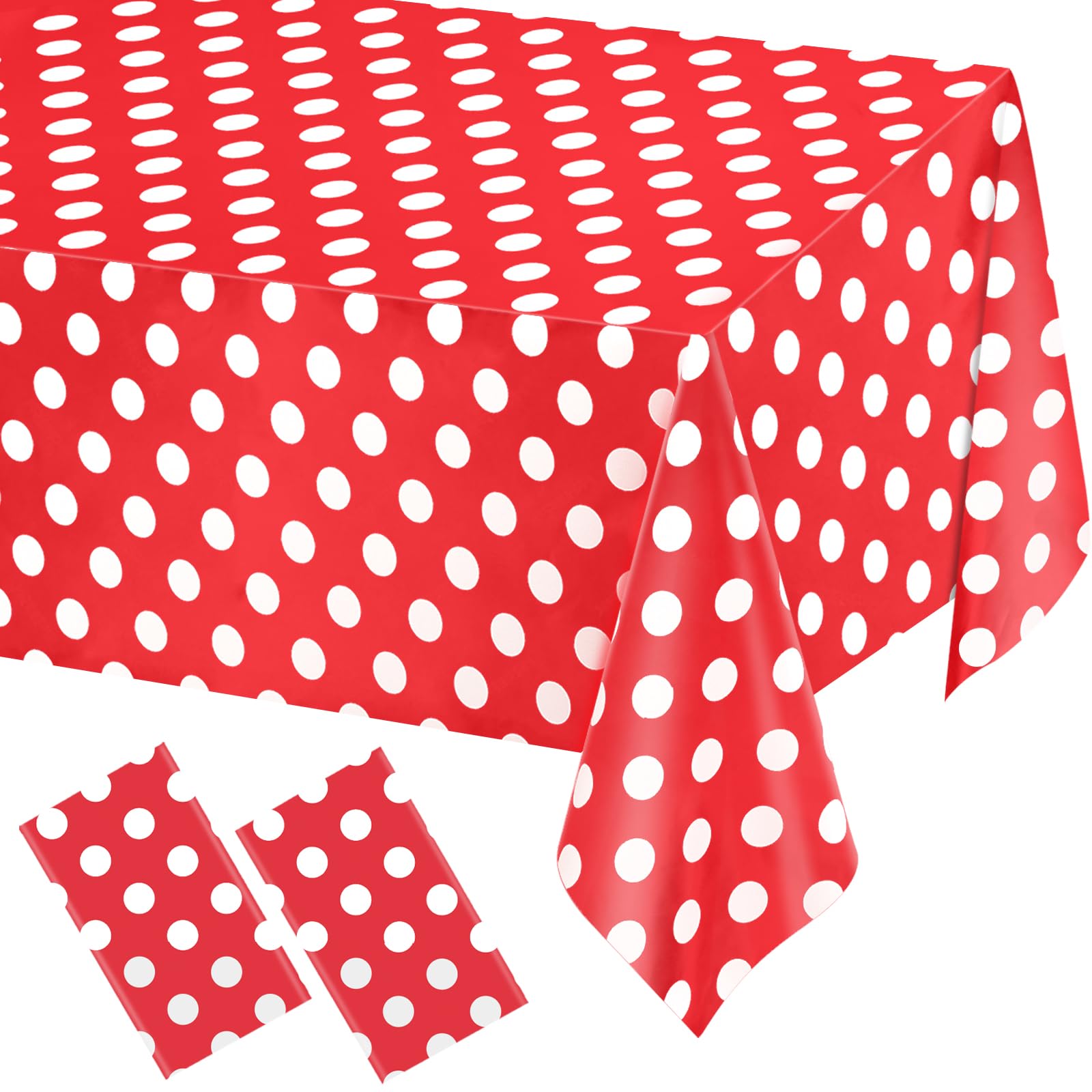 WNINK 2 Pack Red and White Polka Dot Tablecloths – Disposable Plastic Waterproof Table Cover, 54" x 108", for Birthday, Wedding, Bridal Shower, Bachelor Party, and Picnic