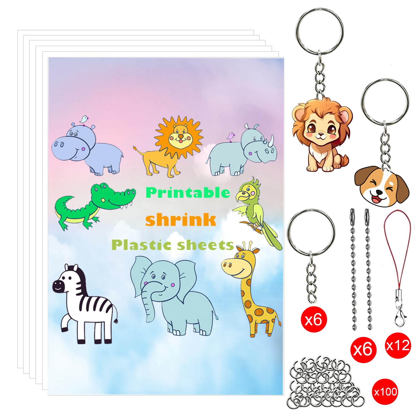 Rdanruy 6PCS White Printable Shrink Plastic Sheets,Inkjet Shrink Films Papers with Keychain Accessories for DIY Crafts, Mother's Day Projects for Inkjet Printer