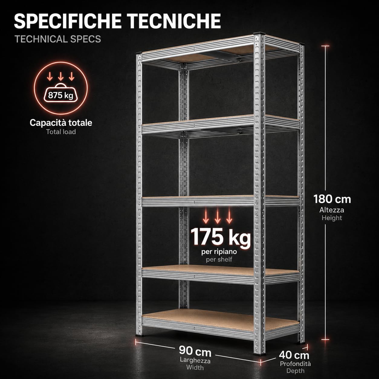 KOMBO - Set 2 Scaffali Metallo Zincato 90x40x180 cm, 5 Ripiani Regolabili, 175 kg Portata Ripiano, 1750 kg Totale, Montaggio Incastro Senza Bulloni, Garage Cantina Magazzino