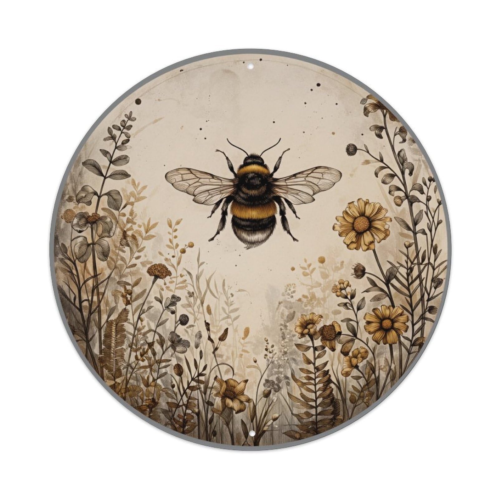 Bee Floral Vintage Nature Art Round Tin Sign Vintage Metal Poster, Home Bar Garage Man Cave Cafe Indoor & Outdoor Wall Decoration 8x8Inches