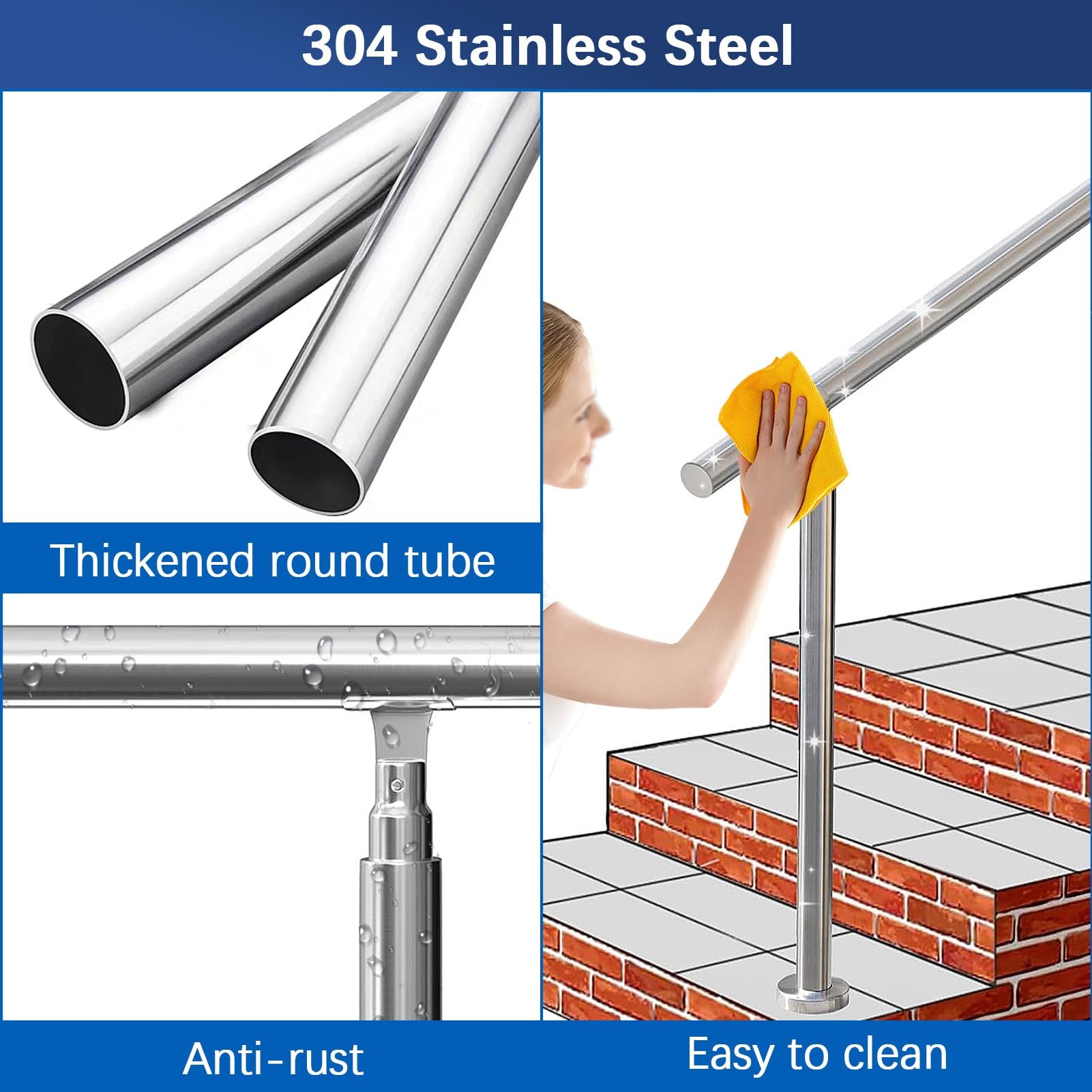 Barandilla de escalera para exteriores, barandilla de metal de acero inoxidable, pasamanos de transición flexible de 2 o 3 escalones para jardín, entrada de casa, pasamanos para escaleras de hormigón