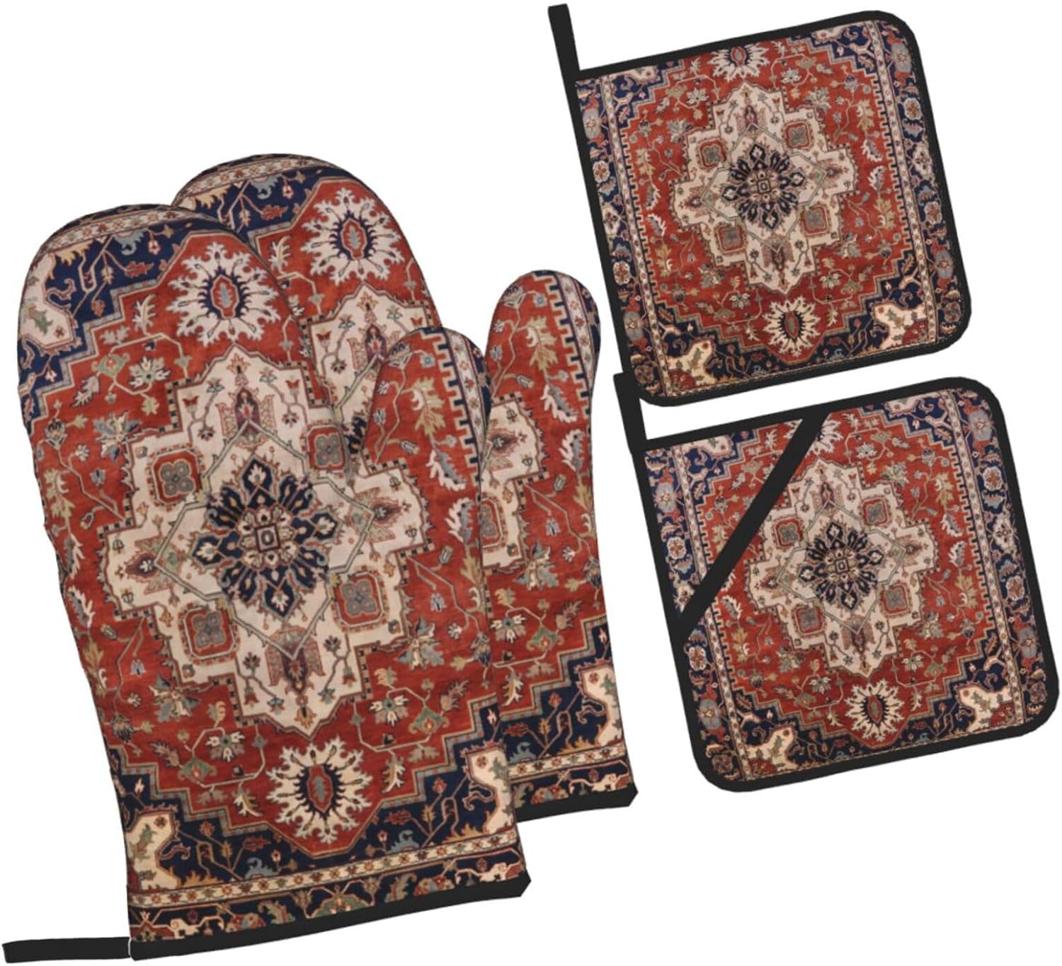 Vintage Oriental Turkish Persian Antique Boho Oven Mitts and Pan Covers 4-Piece Kitchen Pan Mitts Heat Resistant Non-Slip Chef's Baking Cooking Grill Mitts, Black