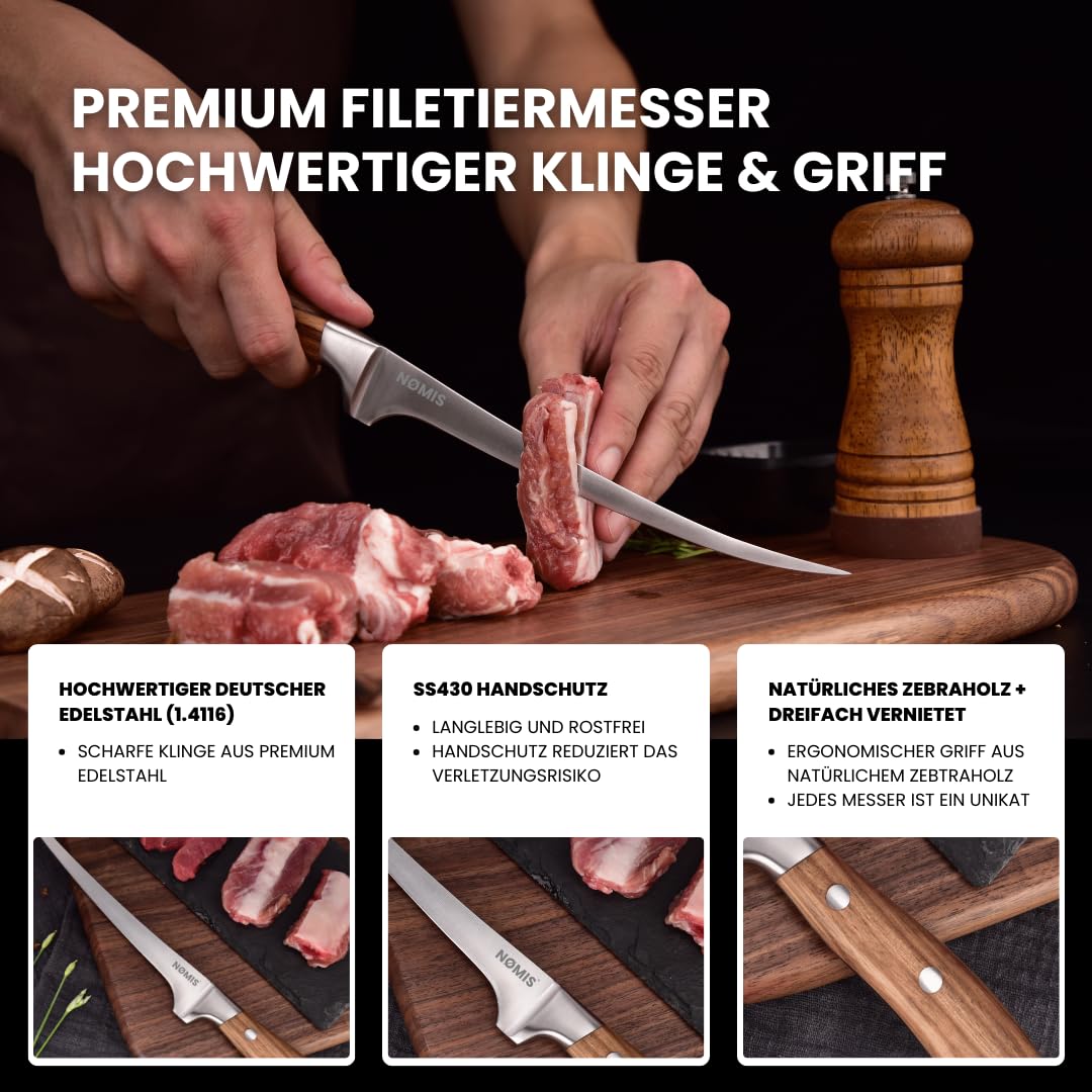 NØMIS Premium Filetiermesser Fisch | Filitiermesser scharf Fisch | Fischmesser | 18,5 cm Klinge aus Deutschem Edelstahl | Ausbeinmesser Profi für Fisch und Fleisch | Griff aus Zebraholz