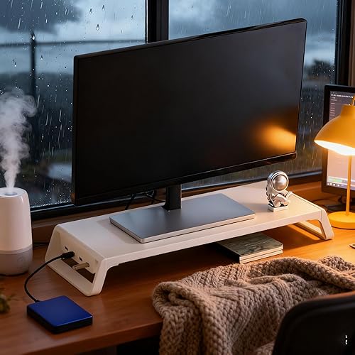 Miniatura 3 de Computer Screen Riser - 50x20x7.5cm Wooden Organizer, Desktop Stand, Office Display Shelf with USB Charging Ports  Space-Saving Monitor Holder for