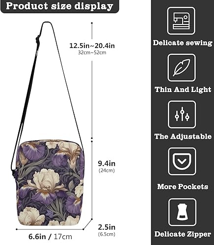 Miniatura 3 de Vintage Purple and White Iris Flowers messenger bag cute men's shoulder bag small crossbody purse Handbag For Travel Adjustable Strap for Casual