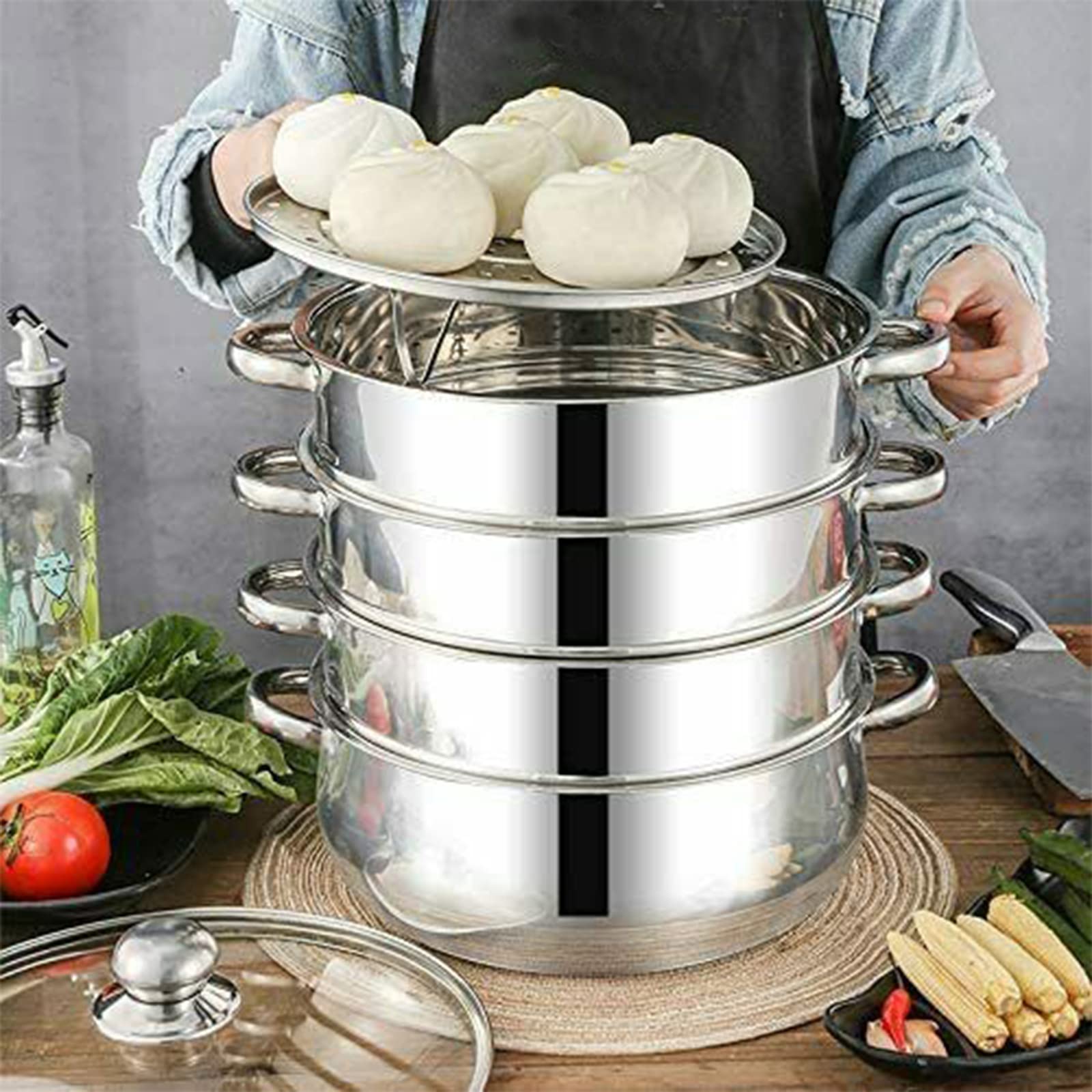 Stoomkoker met 5 etages, praktische stoompan van roestvrij staal, multifunctionele soeppan, meerlaagse stoompan met glazen deksel voor inductie, elektrische pannen, gasfornuizen