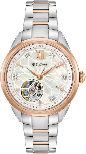 Bulova ladies classic automatic watch with diamonds, mother-of-pearl dial and open aperture
