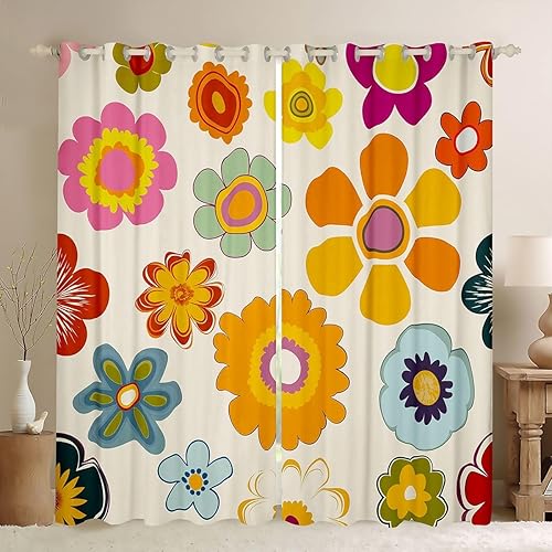 Miniatura 26 de Erosebridal Cortinas retro de los años 60 y 70 de 84 x 63 pulgadas, cortinas opacas rústicas de flores psicodélicas para hombre y mujer, diseño
