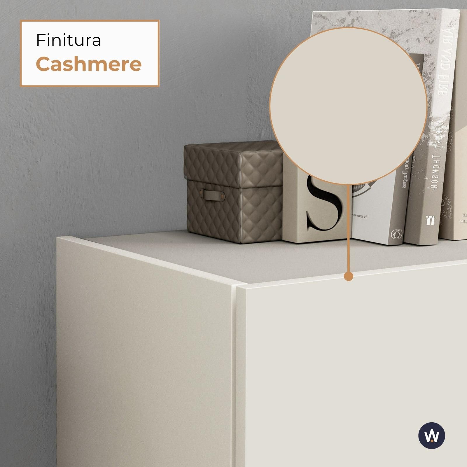 WHOUS Credenza e Buffet VELA per Soggiorno con 4 Ante e 4 Vani, Madia per Salotto, Cucina e Sala da Pranzo in Legno, 160x35x75,4 cm, Cashmere