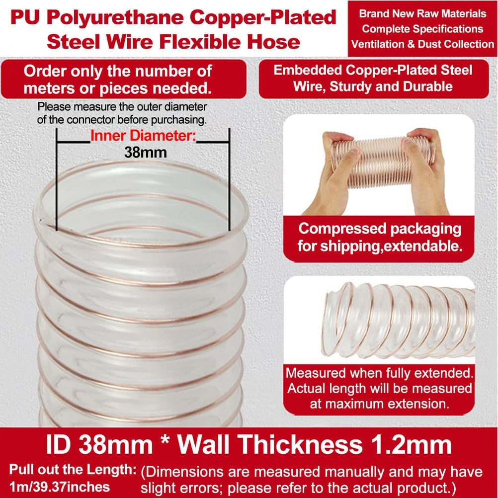 Industrial Air Duct PU Clear Wall Thickness 1.2MM Polyurethane Pipe Ducting Hose 1M High Transparency Ideal for Smoke and Dust Extraction,Inner Diameter 38MM
