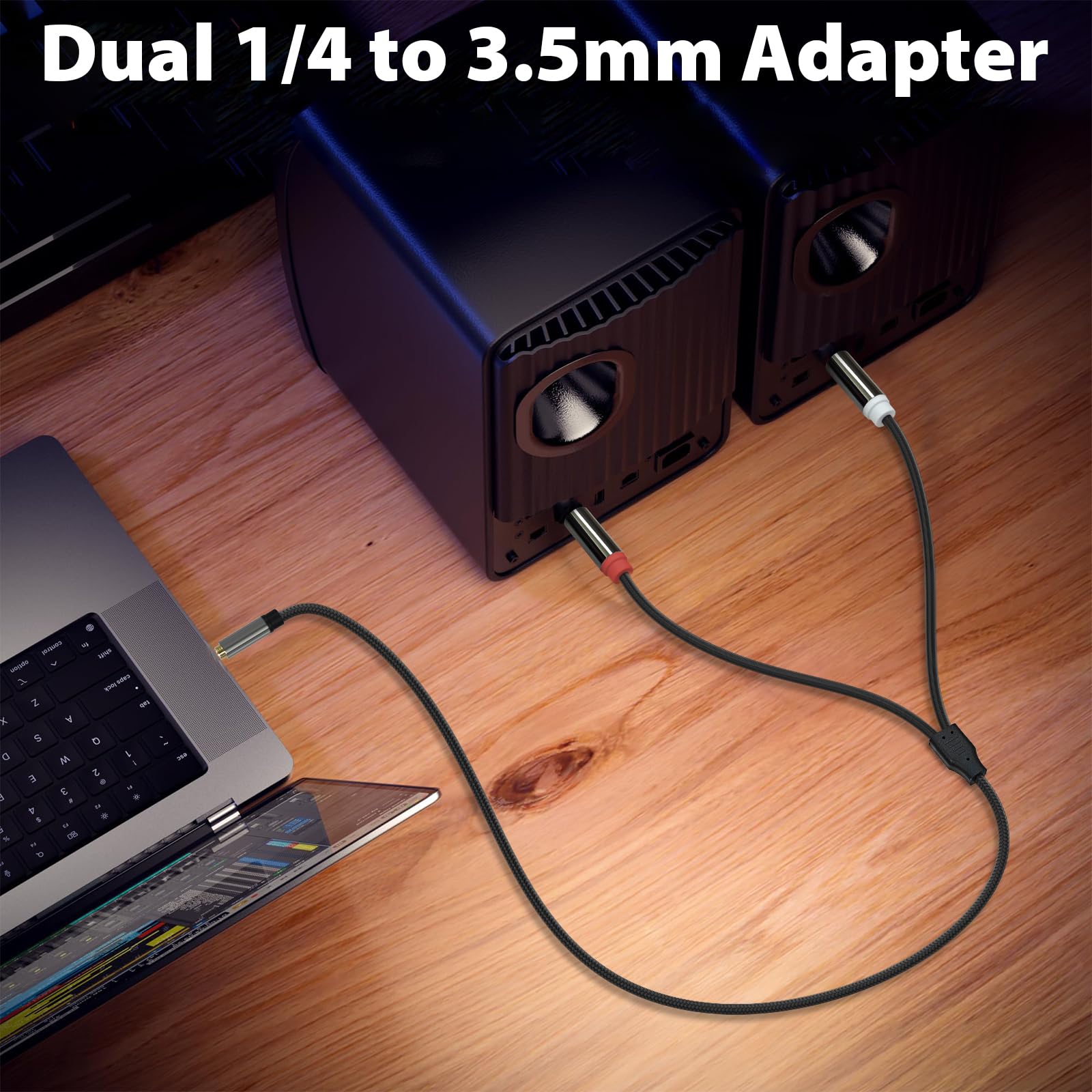 Cyberguys! Câble audio stéréo 3,5 mm vers double 1/4, TRS 1/8 vers double 1/4 TS, câble adaptateur tressé doré, câbles stéréo de 3,5 mm pour mixeur, moniteur de studio, amplificateur, haut-parleur