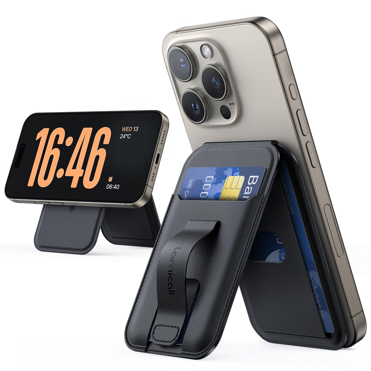 Lamicall Handy Kartenhalter für MagSafe Wallet - [Finger Griff Design] Vegan Leder Verstellbar Ständer, Leicht Karten Halter für 3 Karten, Magnetisch Wallet Halter für iPhone 17 16 15 Pro Max Plus Air