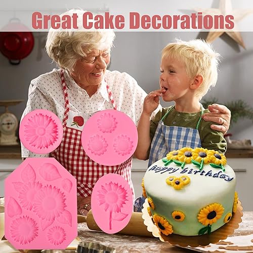 Miniatura 5 de Molde de girasol de silicona, 4 piezas, moldes de margarita, crisantemo, flores, hojas, molde para decoración de dulces, azúcar, cupcakes, pasteles,