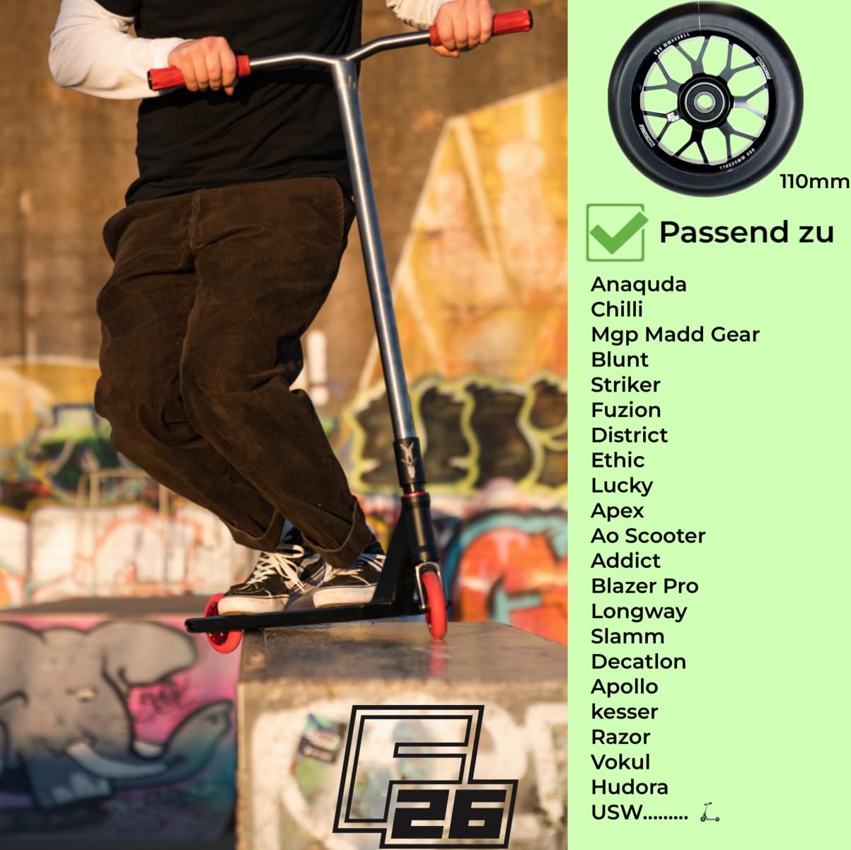 Chilli Pro Stunt-Scooter Spoked Base Rolle 110mm Schwarz/PU Grün