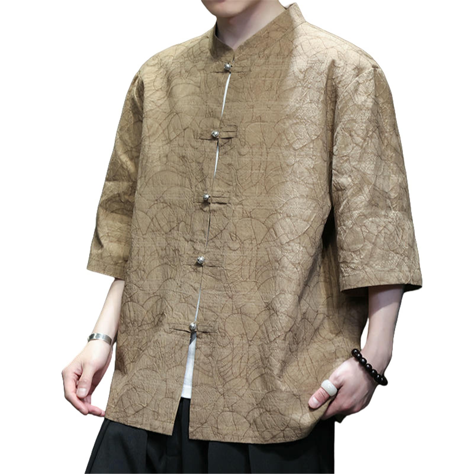 Camisa estilo chino de lino algodón para hombre ropa tradicional vintage holgada manga corta 6