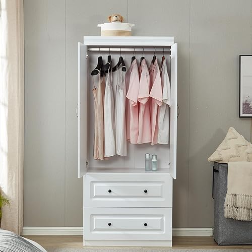 Miniatura 4 de Sophshelter Armario Armario de almacenamiento de madera 2 puertas, 2 cajones, armario blanco para gran capacidad con barra colgante y asas, armario