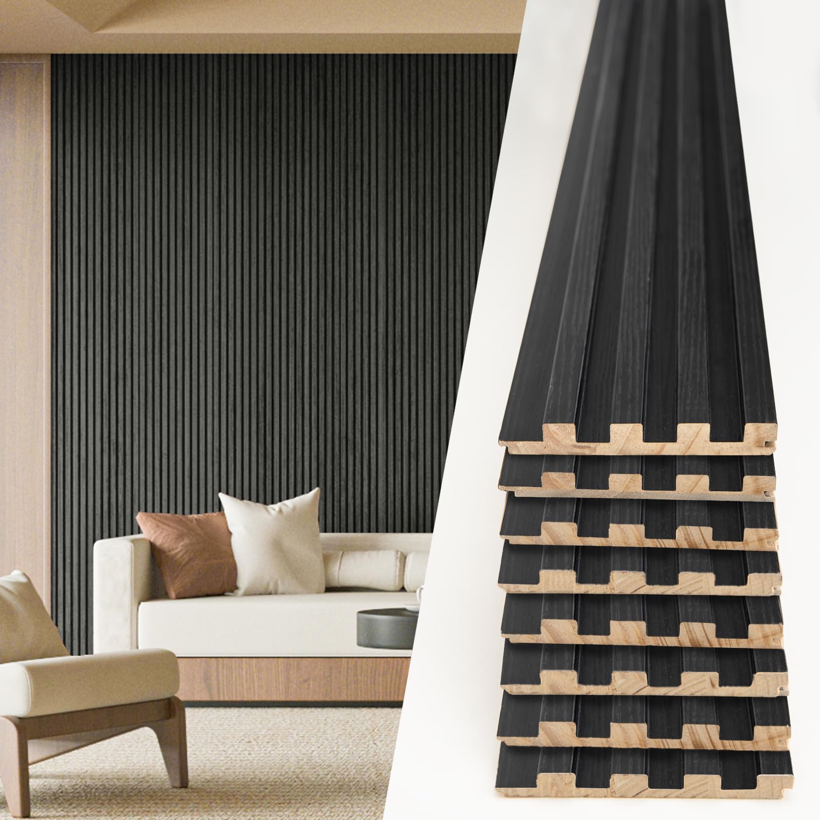 Photo 1 of Art3d Slat Wood Wall Paneling - 108 x 5.7 x 0.7in, Pack of 8pcs + 1pc End-Trim for Interior and Ceiling Decor, Black