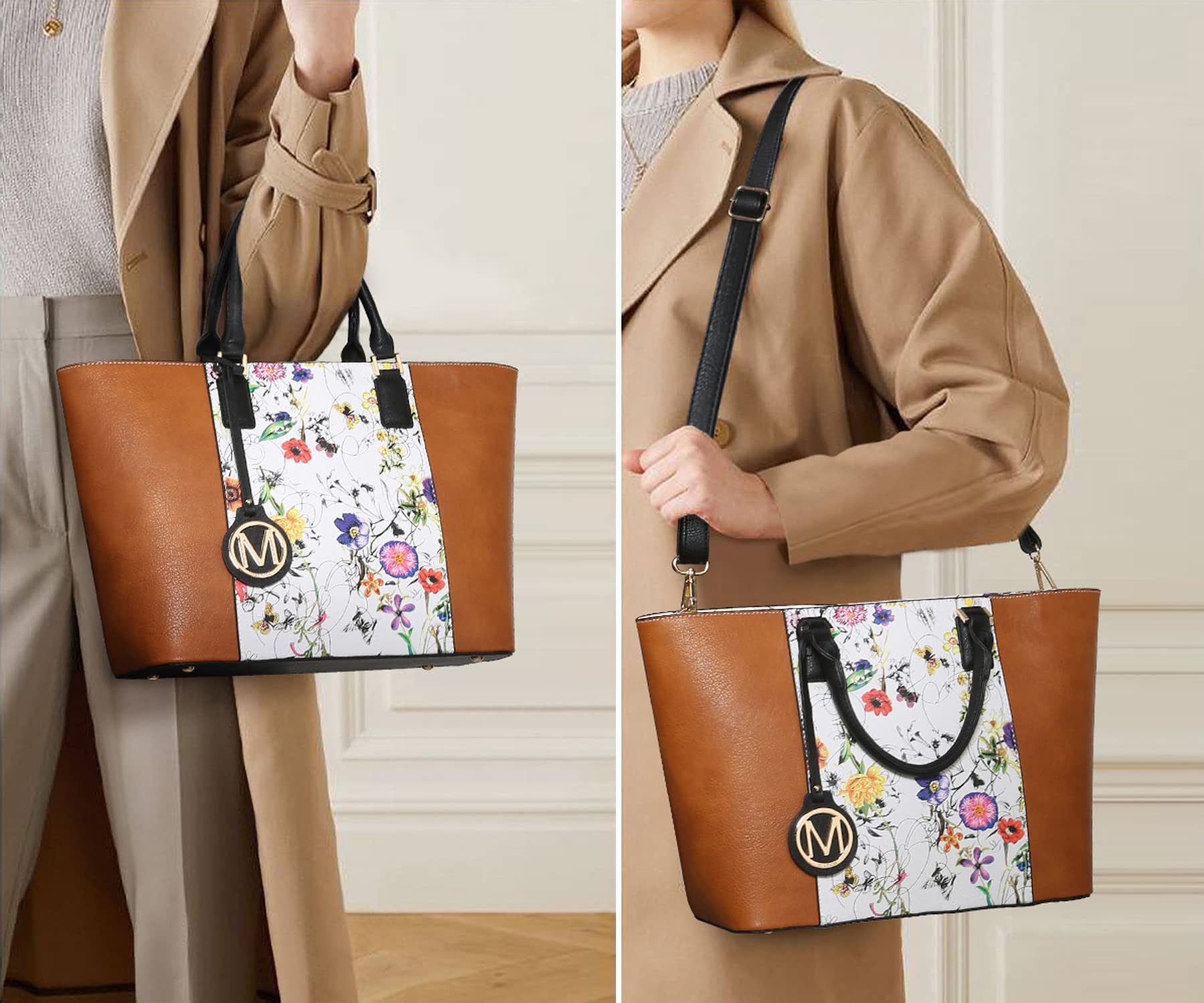 MKP Women Two Tone Large Tote Bags Top Handle Satchel Handbags Purses Set 2pcs (White Flower/Brown)