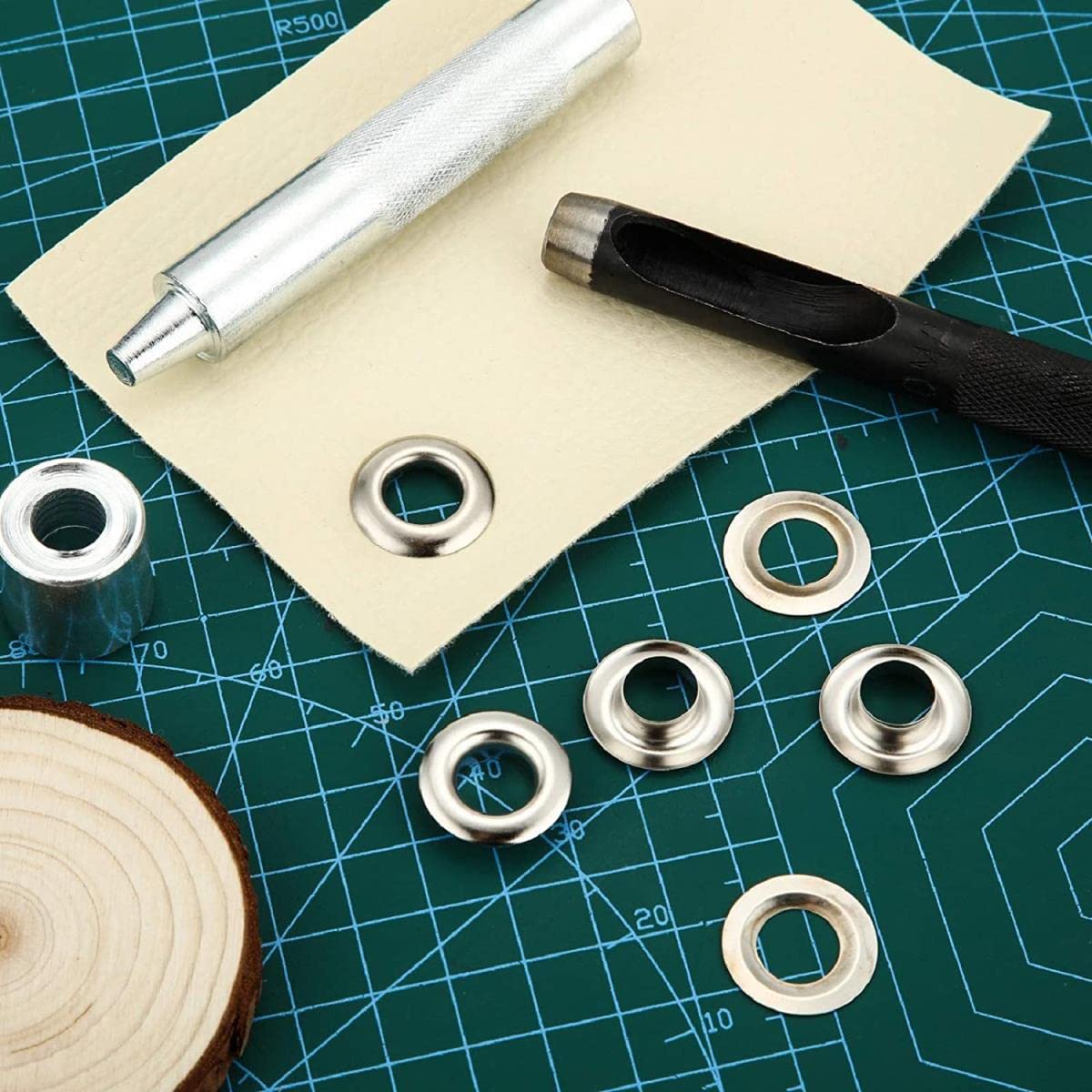 Set di 100 occhielli per occhielli 6 mm, 10 mm, 12 mm, 14 mm, diametro interno argento, per vestiti, scarpe, borse, artigianato in pelle, fai da te, 100, set da 14 mm